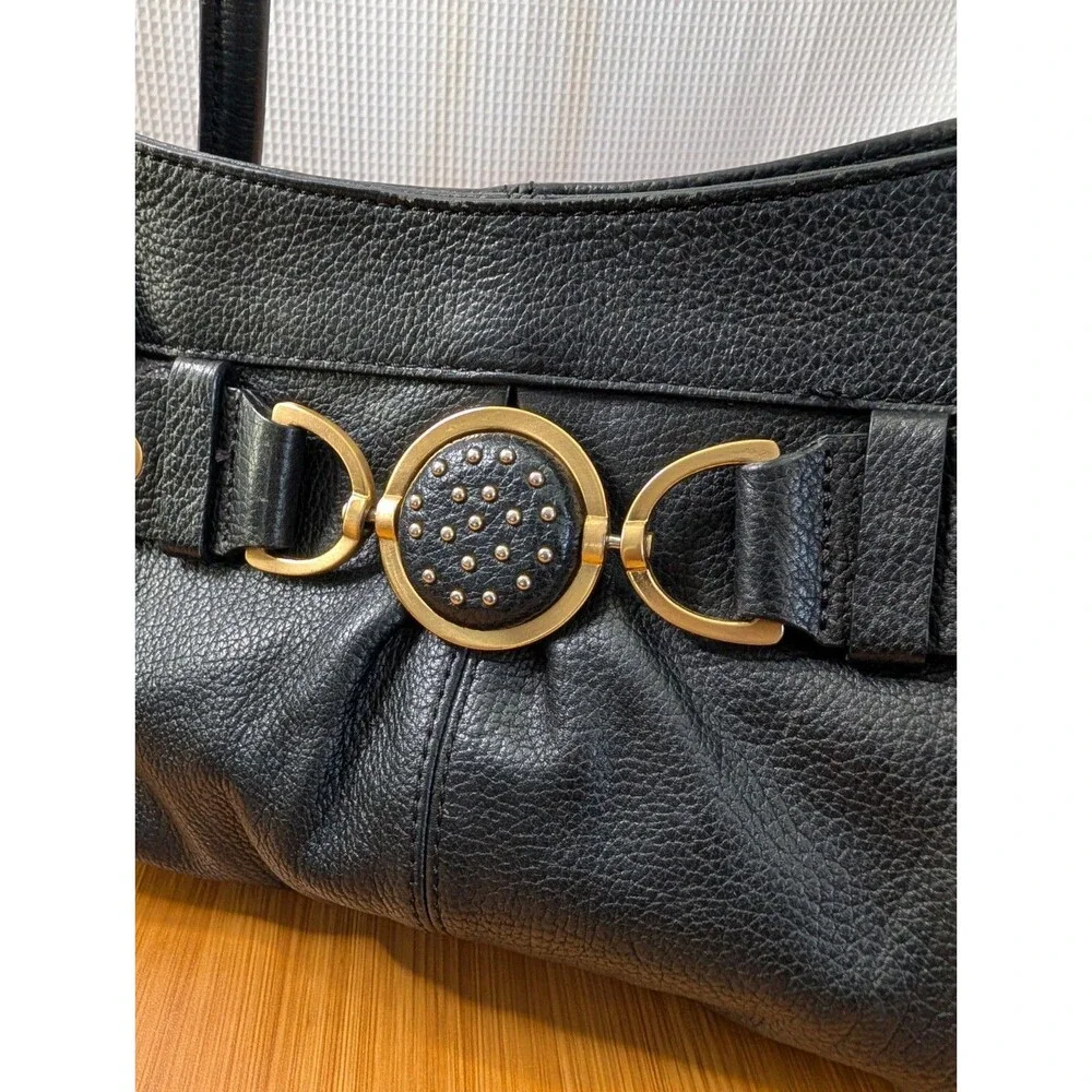 Adrienne Vittadini Black Leather Double Handle Shoulder Purse Hobo Belted (Q10)